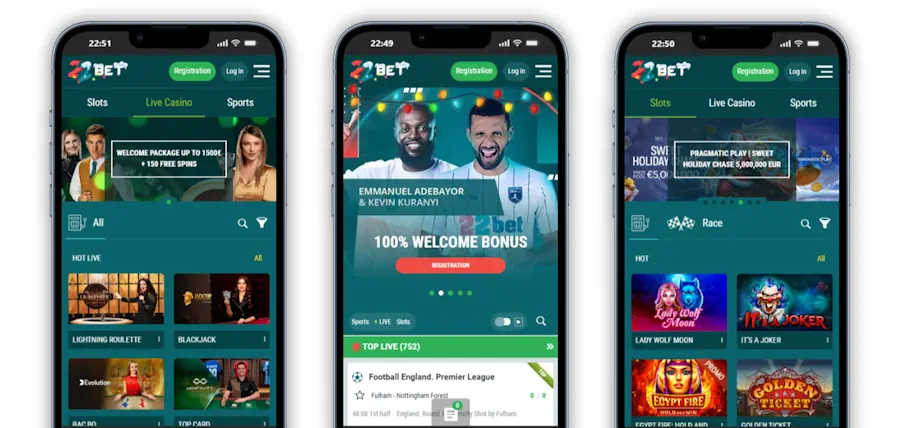 22Bet Casino and Sportsbook Mobile View Screenshot